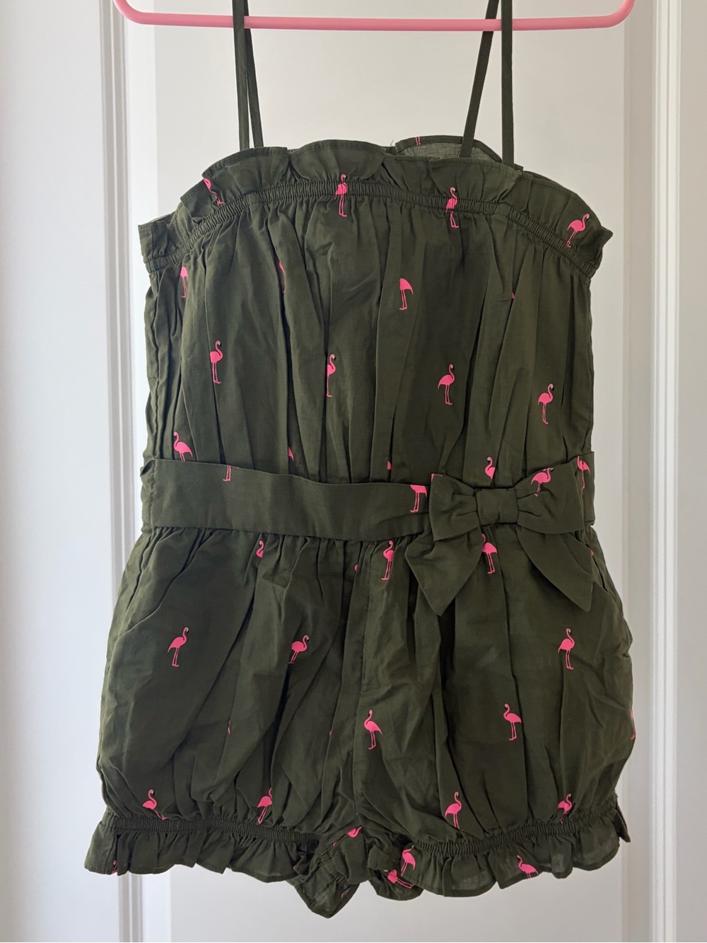 Janie and Jack Olive Romper with Pink Flamingo Motif